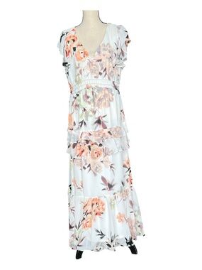 Taylor Floral Tiered Ruffle Maxi Dress Size 14 V-Neck Smocked Waist Boho Chiffon